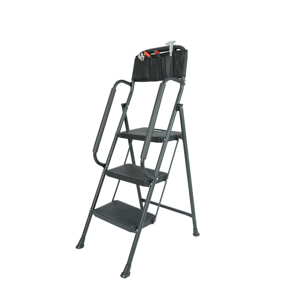 3 Step Folding Ladder with Handrails and Tool Bag, 500 lbs, Black C8333