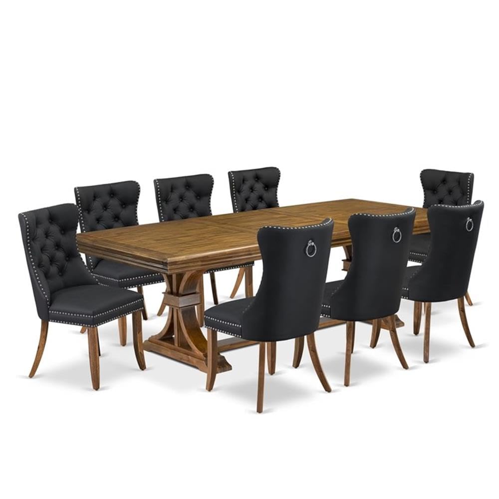 9-Piece Acacia Wood Dining Set with 8 Dark Grey Faux Leather Chairs T546