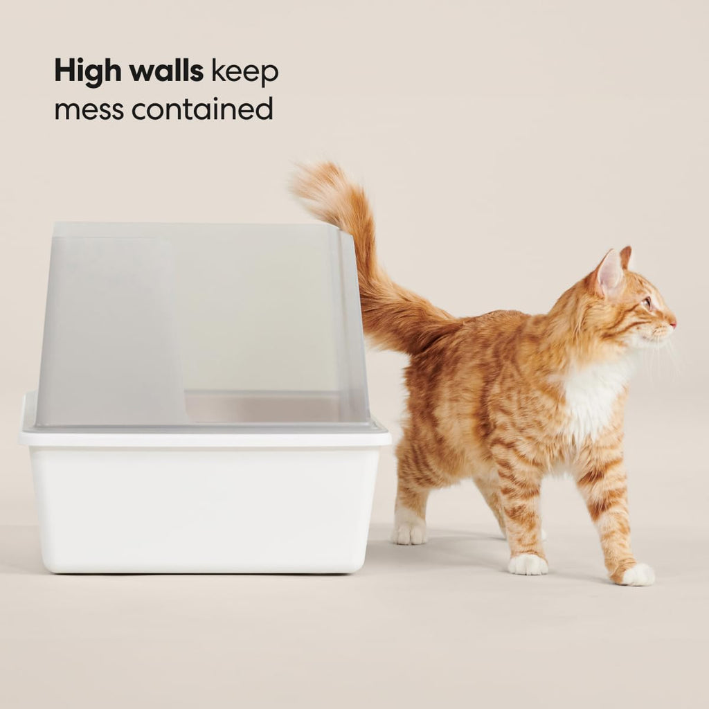 High Sided Cat Litter Box Open Top Anti-Stick Plastic White/Gray I898174