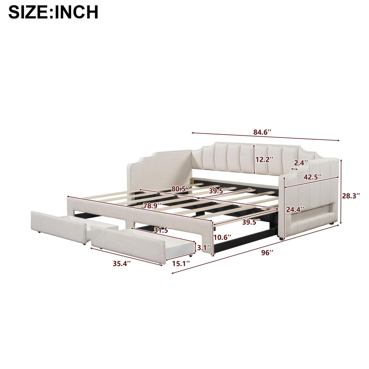 Twin XL Upholstered Daybed with Trundle and 2 Drawers A938086