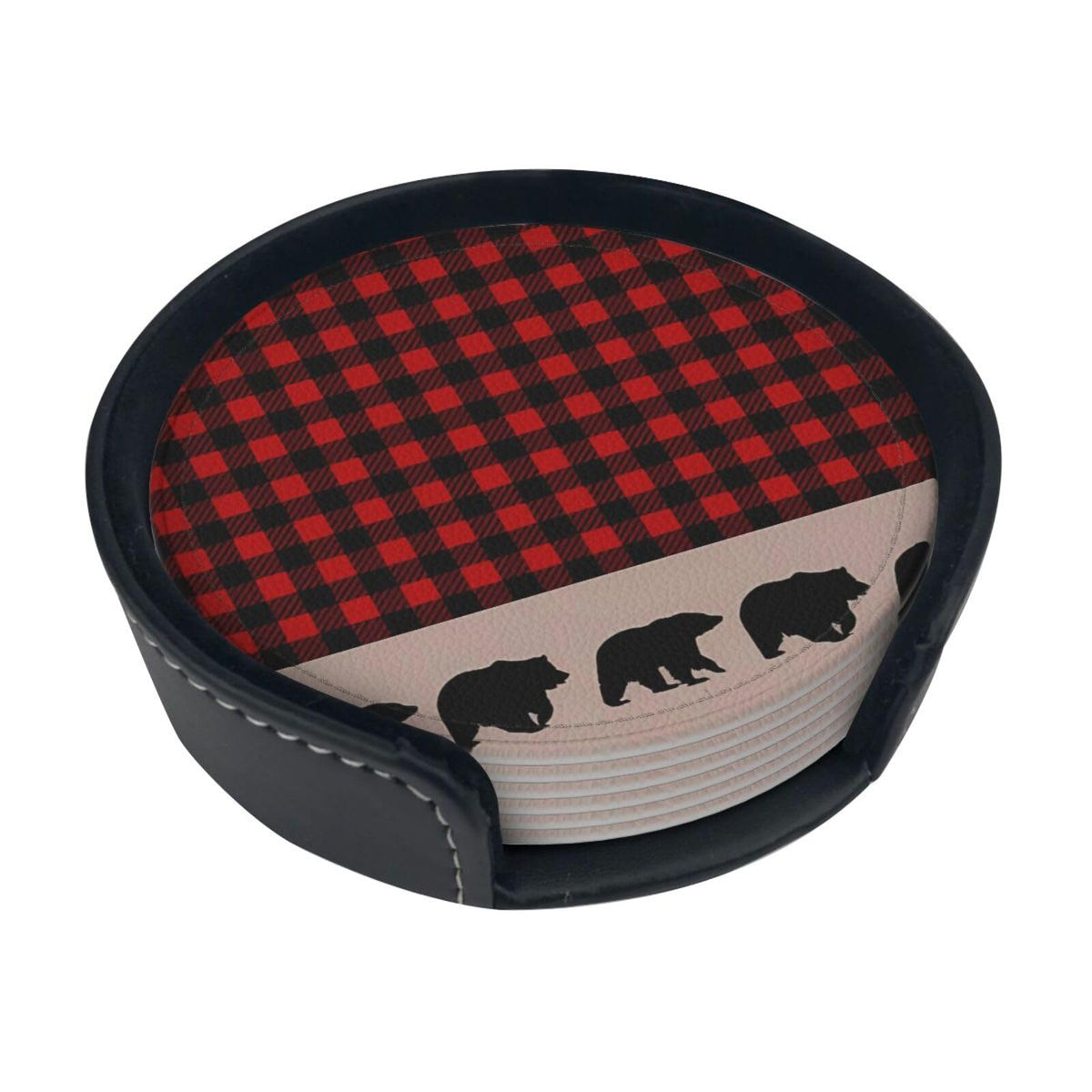 6 Pcs Plaid Leather Coasters with Holder D868909