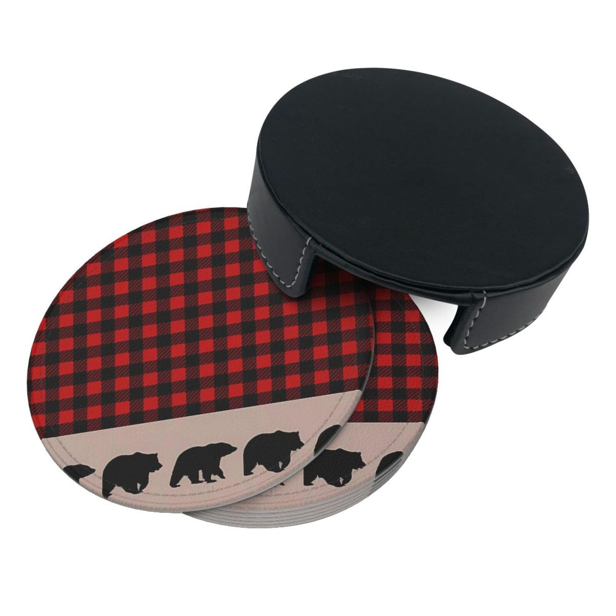 6 Pcs Plaid Leather Coasters with Holder D868909