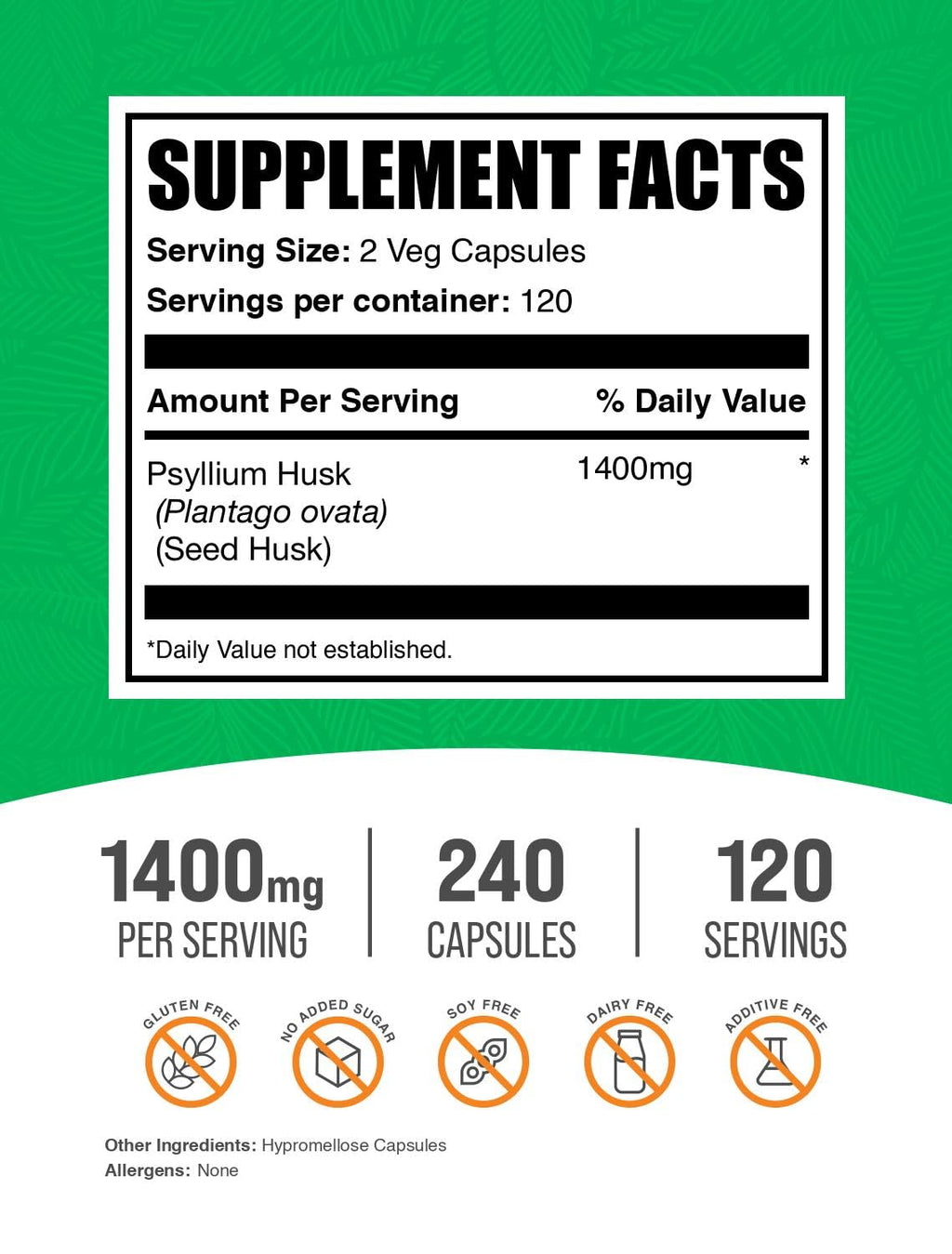 Psyllium Husk Fiber Capsules Vegan Gluten Free 240 Veg Capsules B657