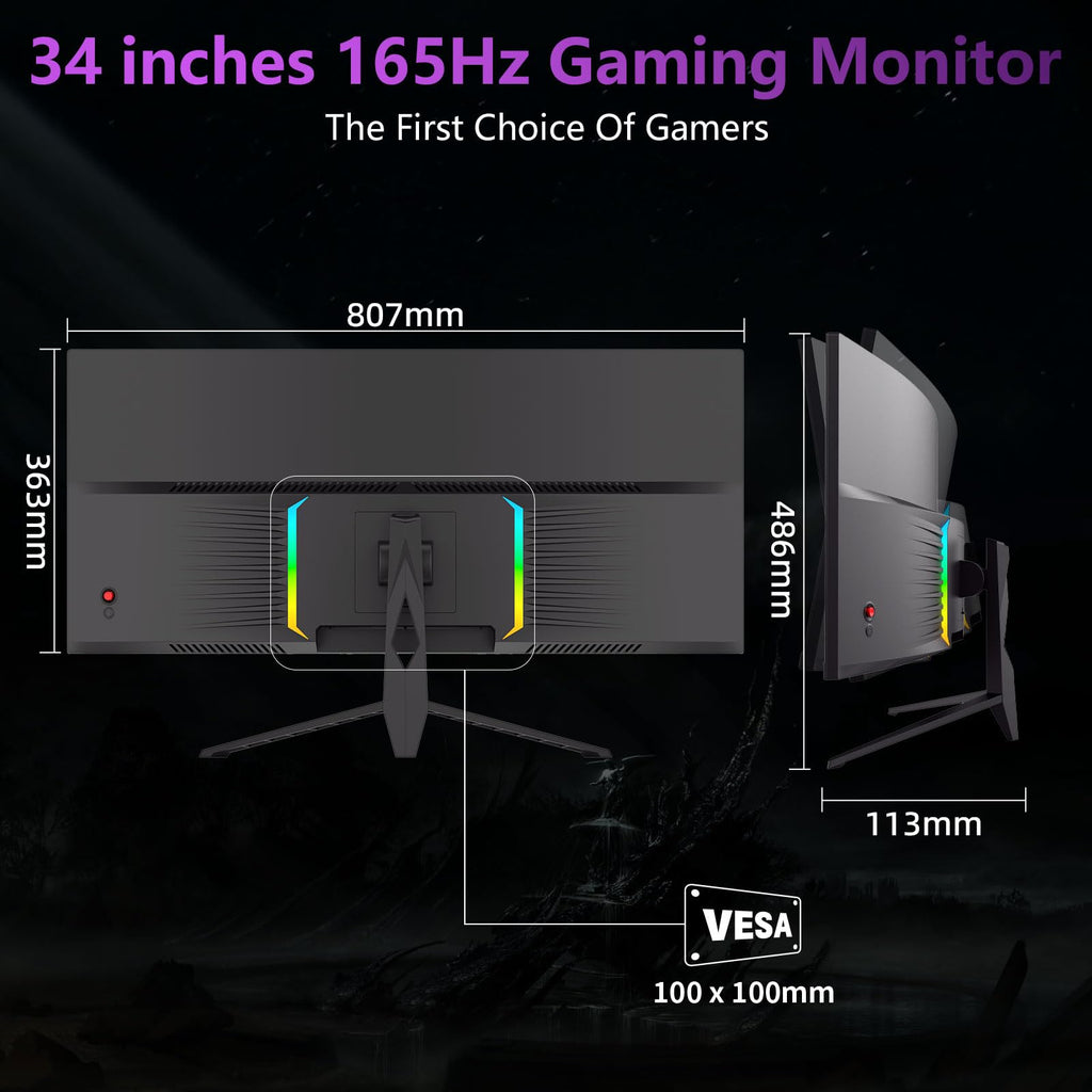 34 Inch Curved Ultra Wide WQHD Gaming Monitor 165Hz 1ms HDR400 D526