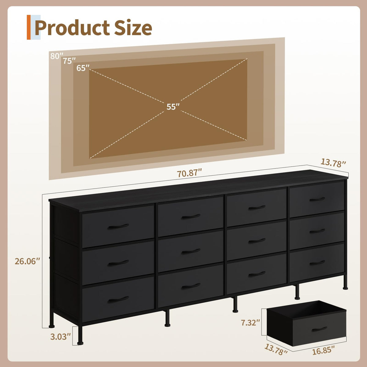 Black 12 Fabric Drawer Dresser with Charging Station Z5299