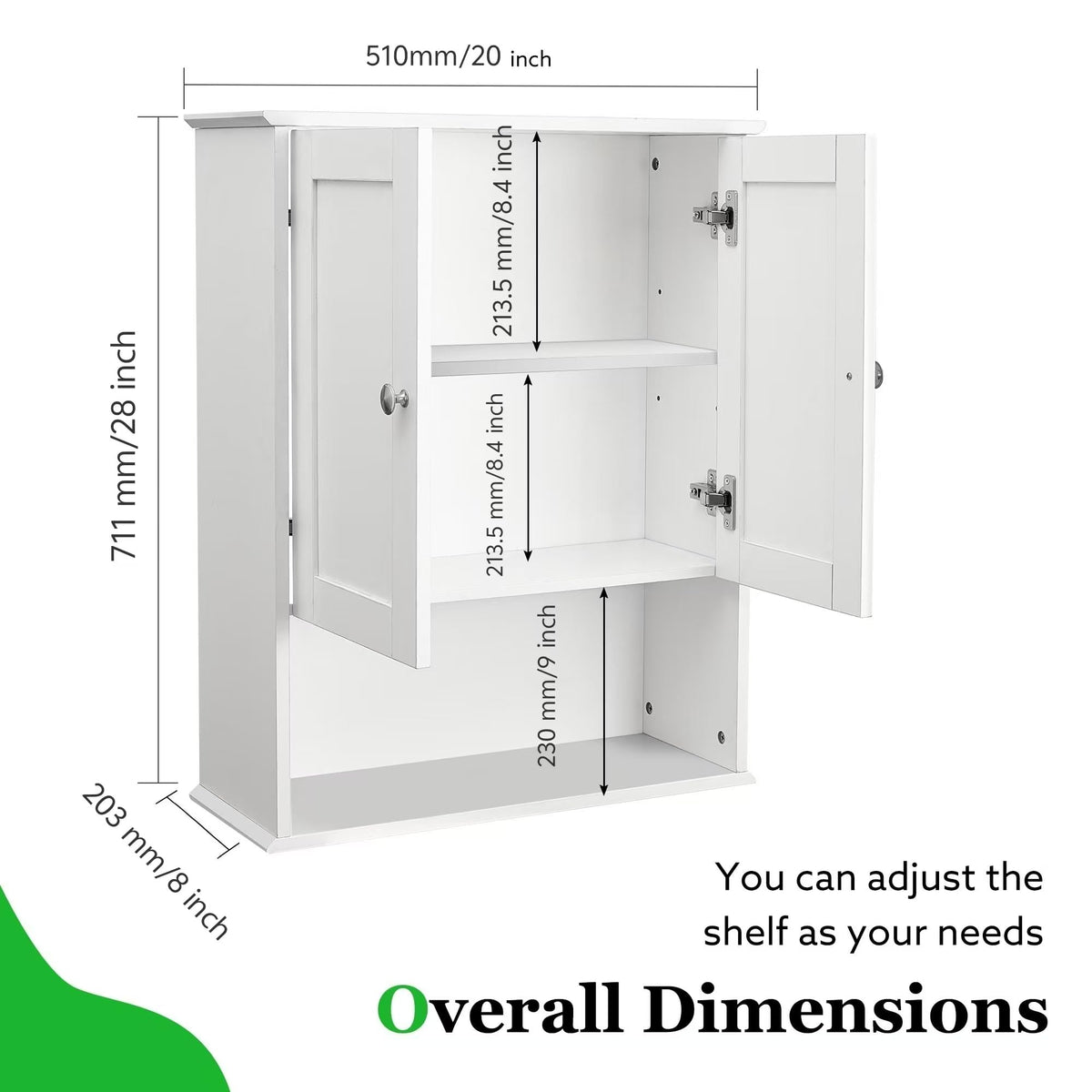 White 20x28 Inch Wall Mounted Bathroom Cabinet with Adjustable Shelf K406088
