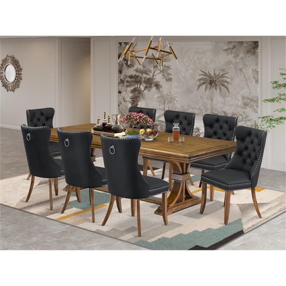 9-Piece Acacia Wood Dining Set with 8 Dark Grey Faux Leather Chairs T546