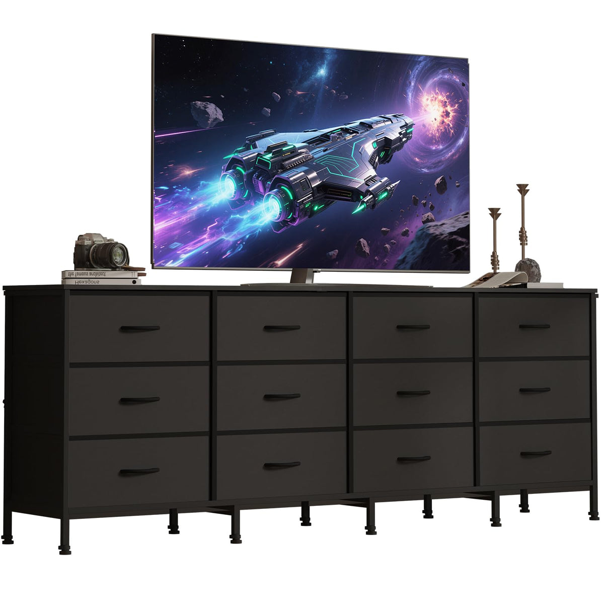 Black 12 Fabric Drawer Dresser with Charging Station Z5299