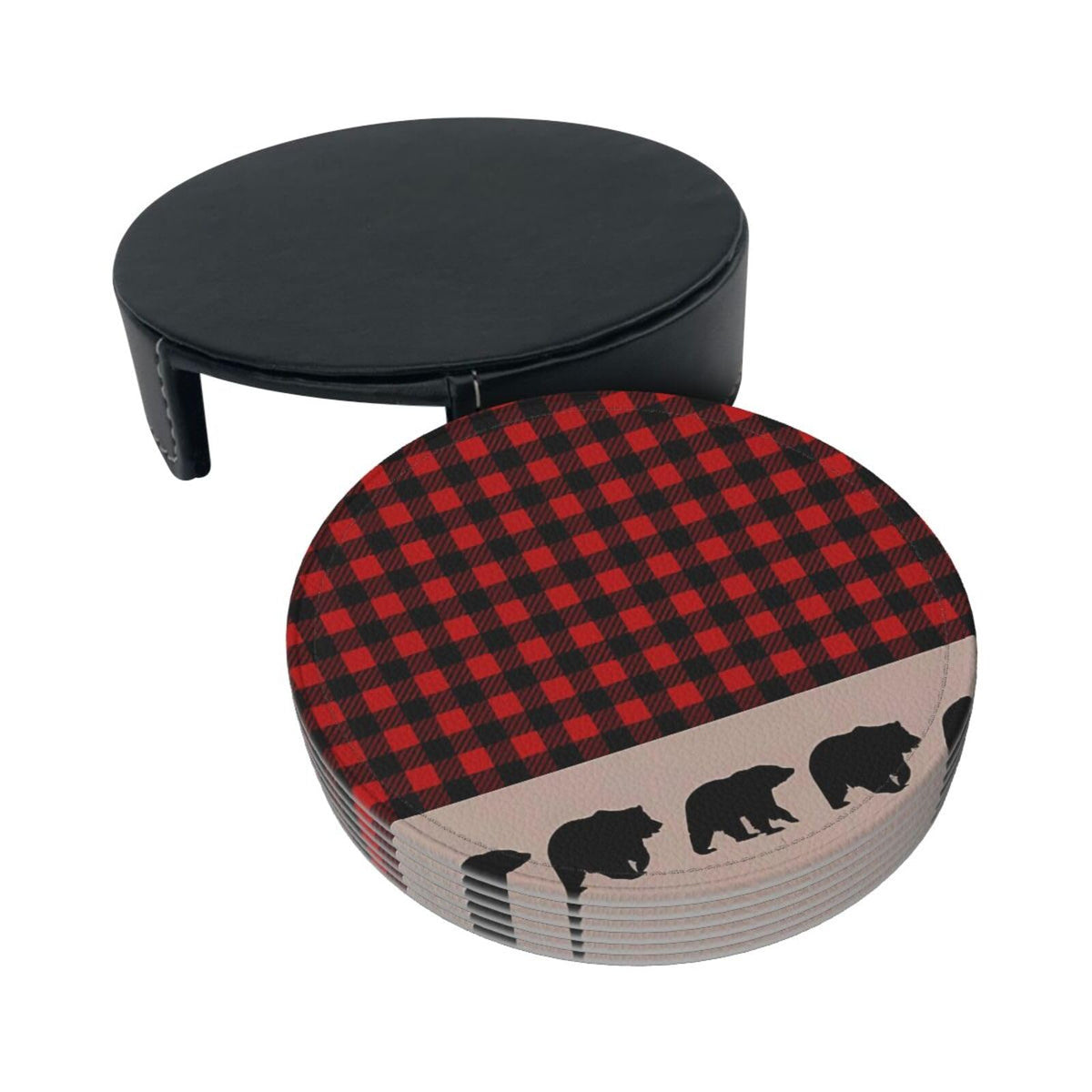 6 Pcs Plaid Leather Coasters with Holder D868909