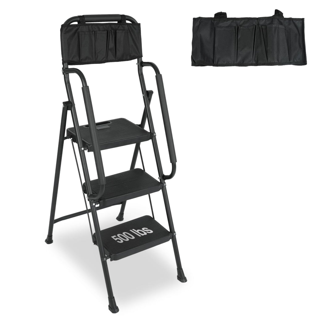 3 Step Folding Ladder with Handrails and Tool Bag, 500 lbs, Black C8333