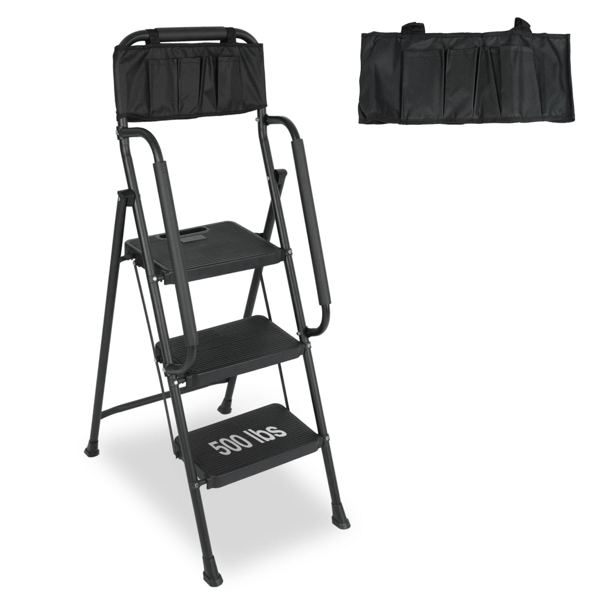 3 Step Folding Ladder with Handrails and Tool Bag, 500 lbs, Black C8333