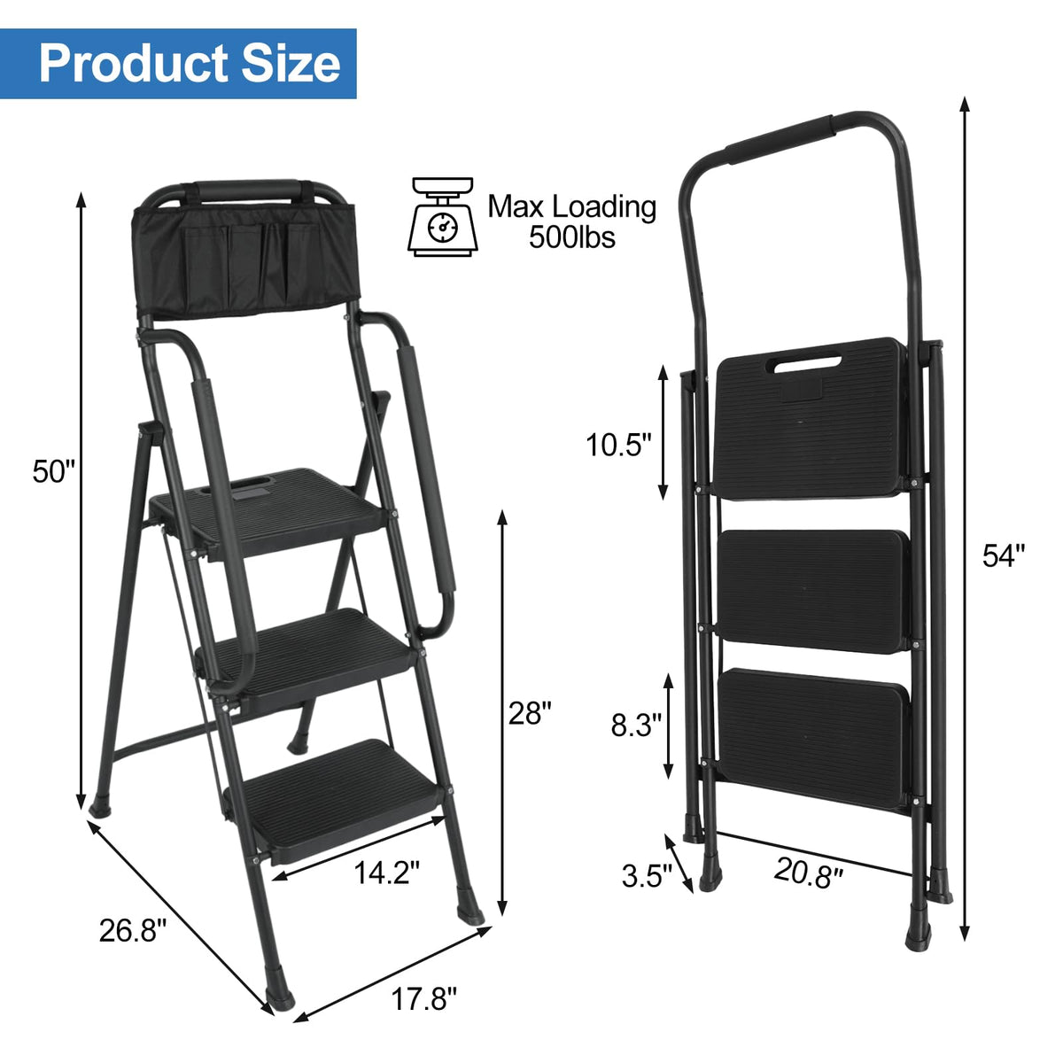 3 Step Folding Ladder with Handrails and Tool Bag, 500 lbs, Black C8333