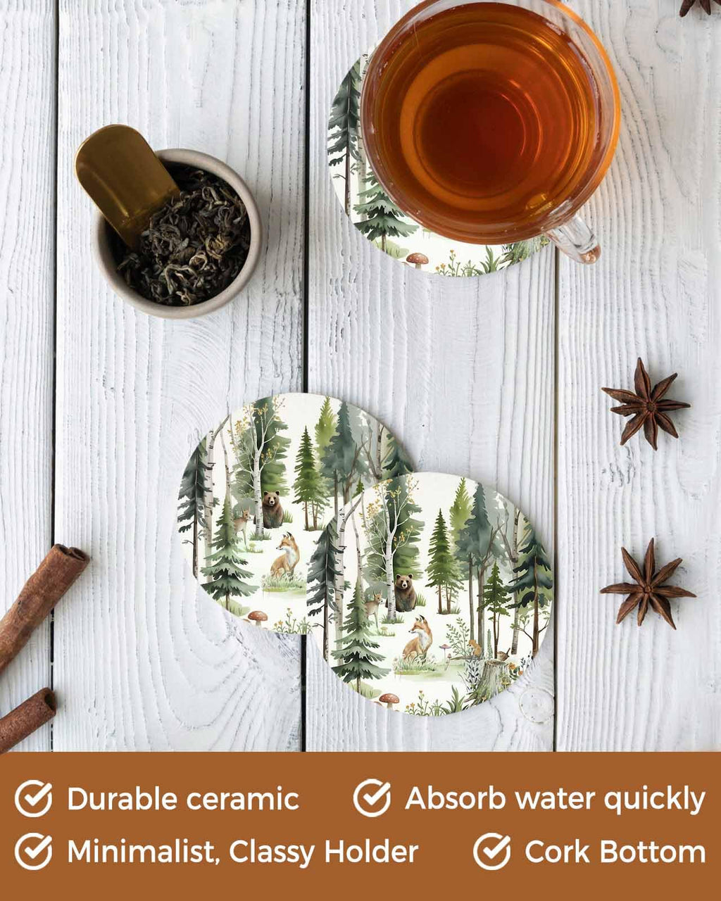 Absorbent Stone Ceramic Coaster with Cork Back, Set of 8 E496426