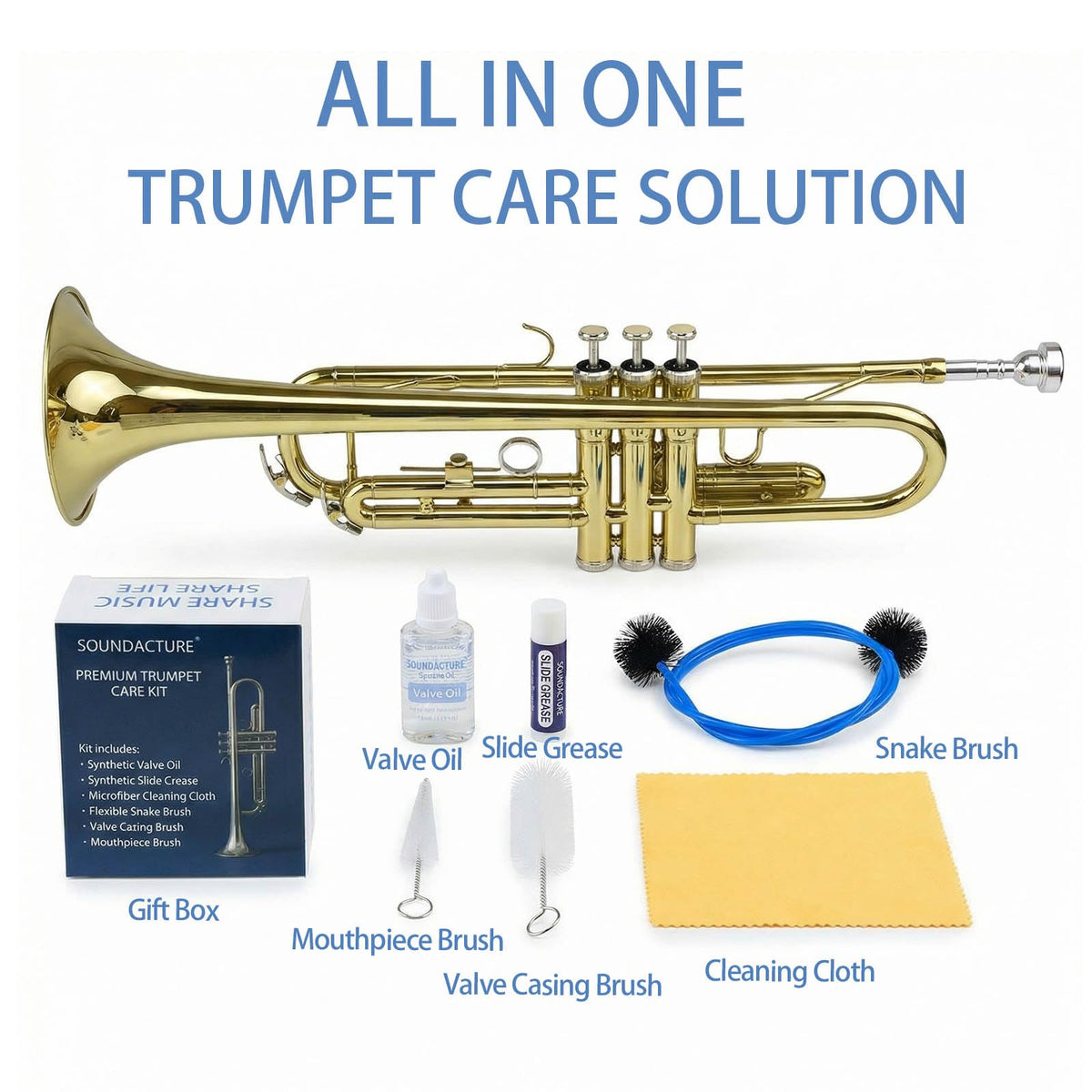 Trumpet Cleaning Kit with Valve Oil, Slide Grease, Brushes & Cloth A153023