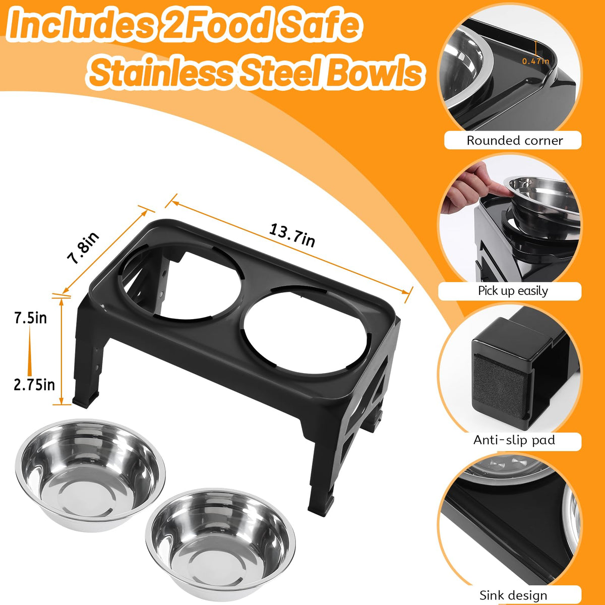 Elevated Dog Bowls with 2 Stainless Steel Bowls Non-Slip Adjusts to 3 Heights I1439