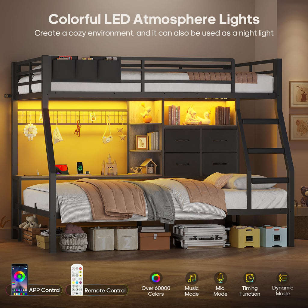 Black Twin Over Twin Bunk Bed with Charging Station & LED Lights D601