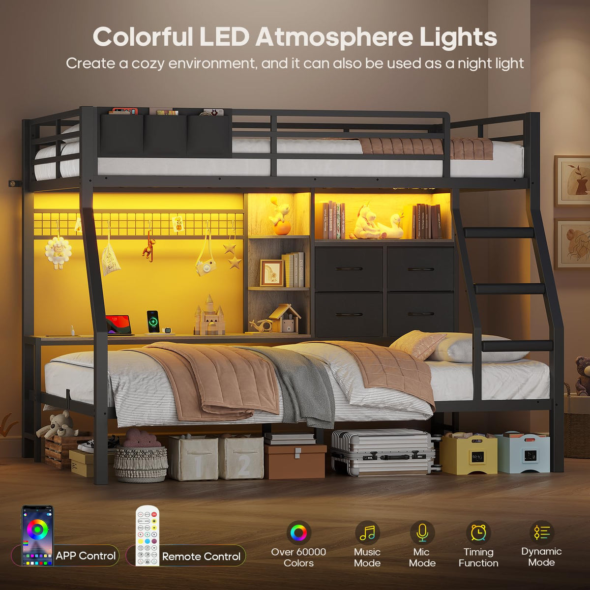 Black Twin Over Twin Bunk Bed with Charging Station & LED Lights D601