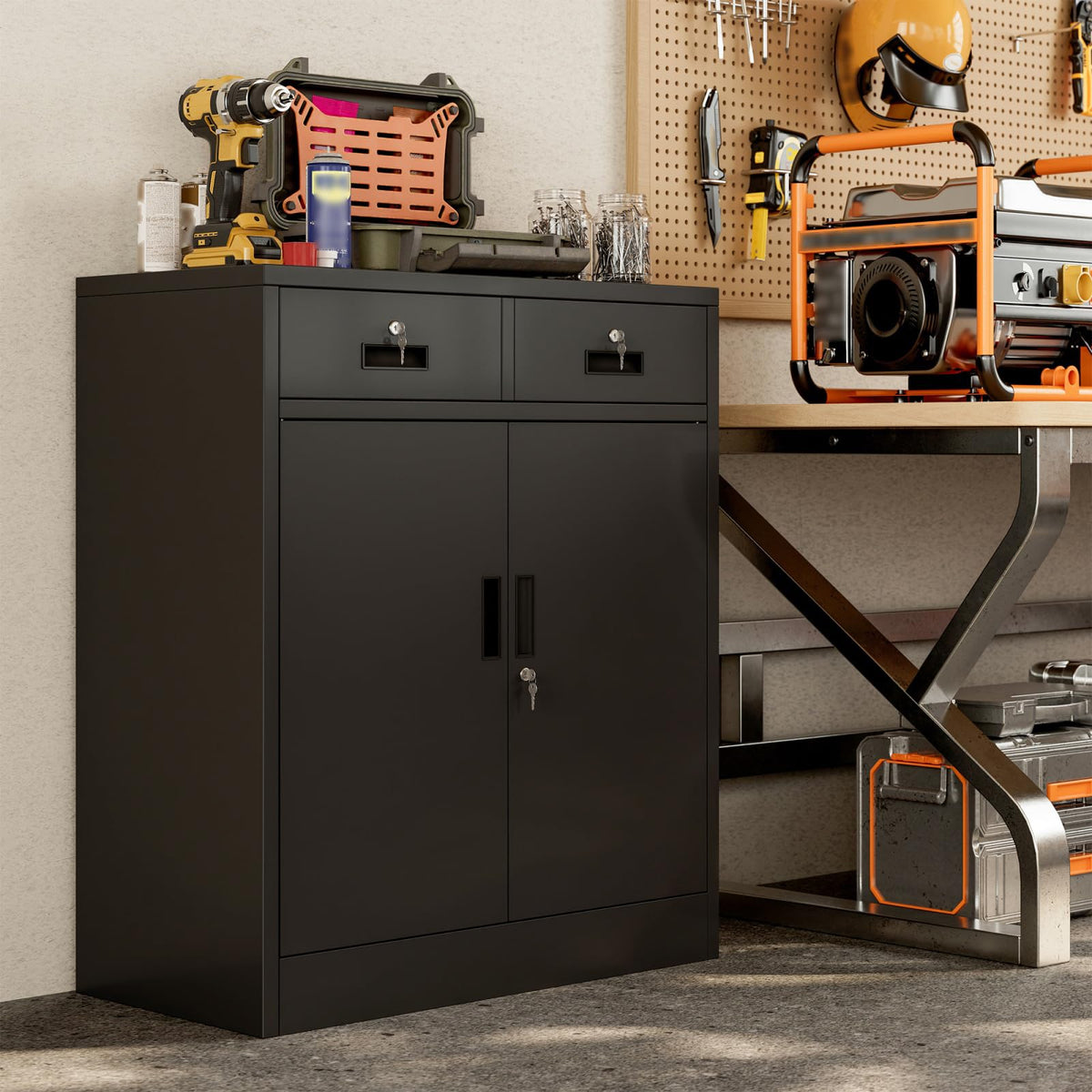 Black Metal Storage Cabinet with 2 Drawers F8410