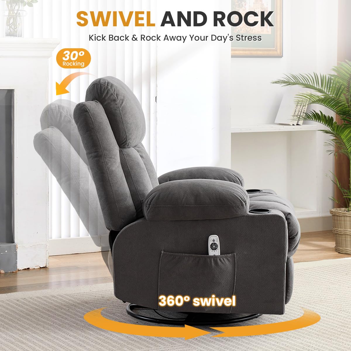 Swivel Rocker Recliner Chair with Vibration Massage & Lumbar Heating X8782