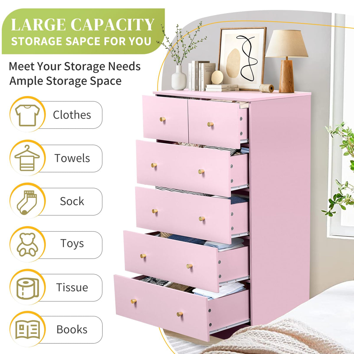 Pink 6 Drawer Dresser V54381