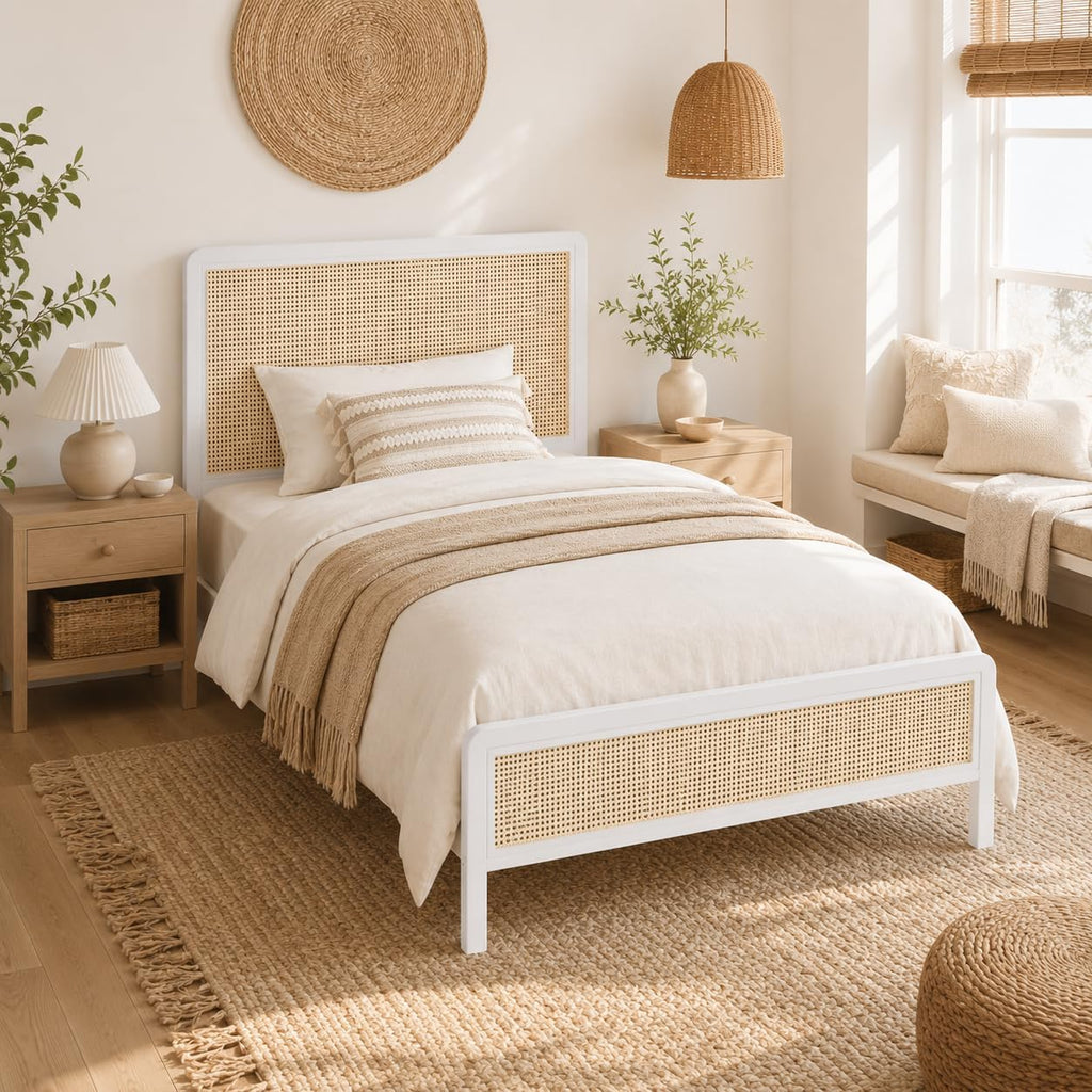 White Rattan Twin Bed Frame with Headboard V934
