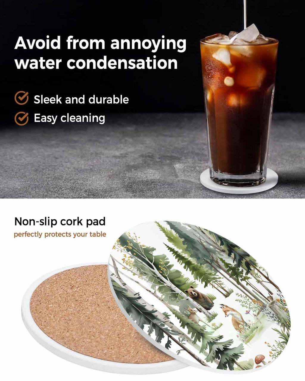 Absorbent Stone Ceramic Coaster with Cork Back, Set of 8 E496426