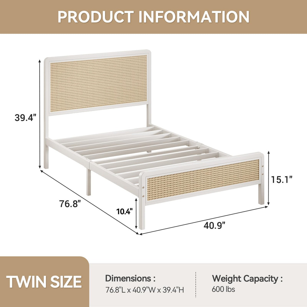 White Rattan Twin Bed Frame with Headboard V934