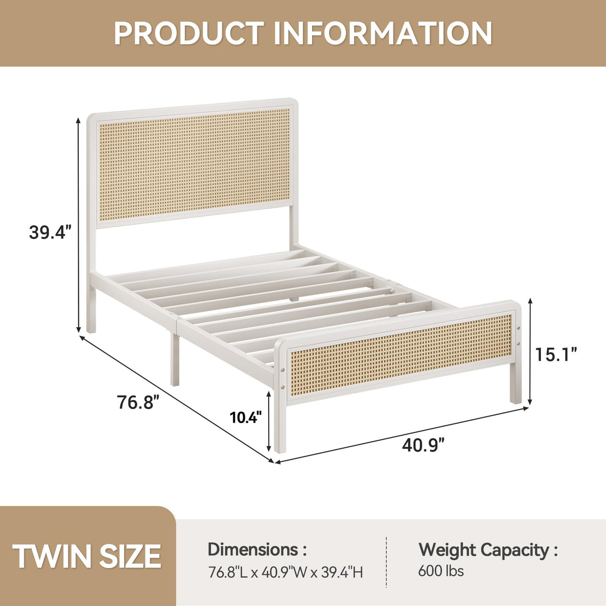 White Rattan Twin Bed Frame with Headboard V934
