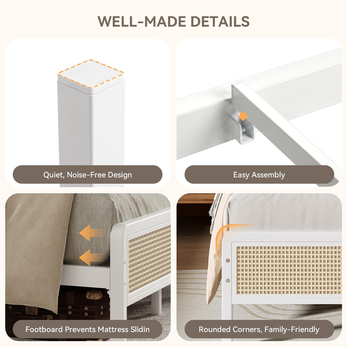 White Rattan Twin Bed Frame with Headboard V934