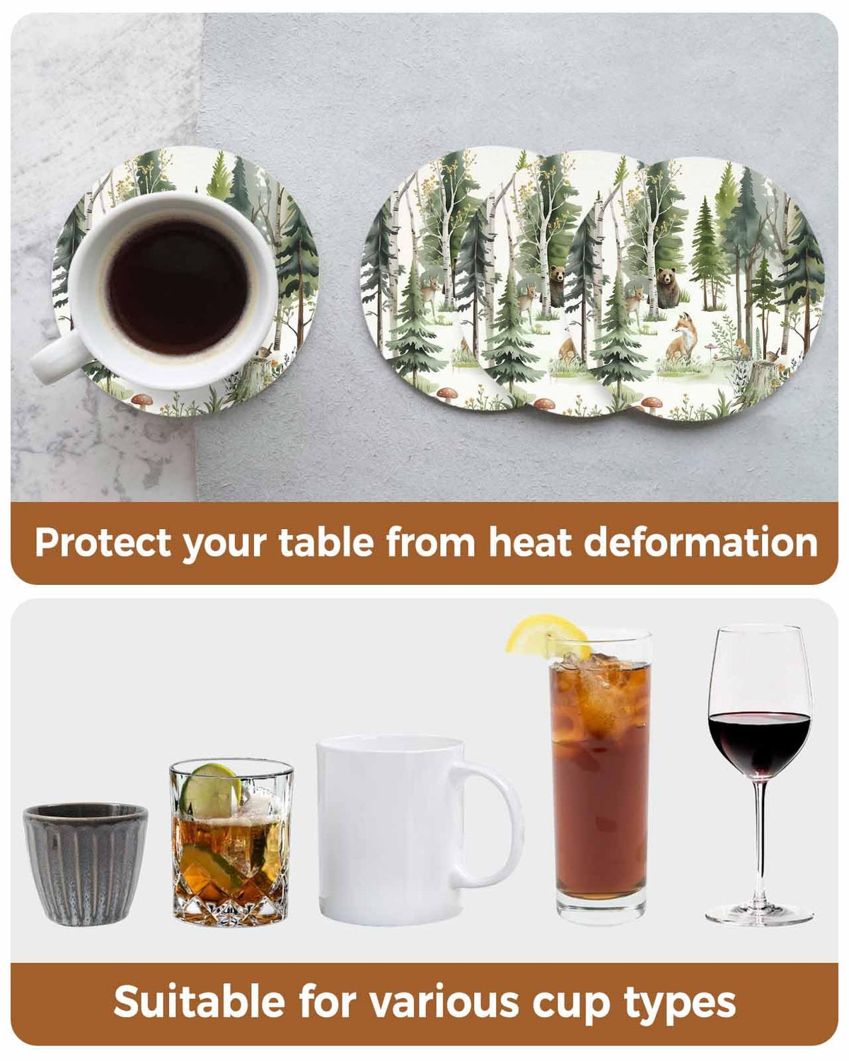 Absorbent Stone Ceramic Coaster with Cork Back, Set of 8 E496426