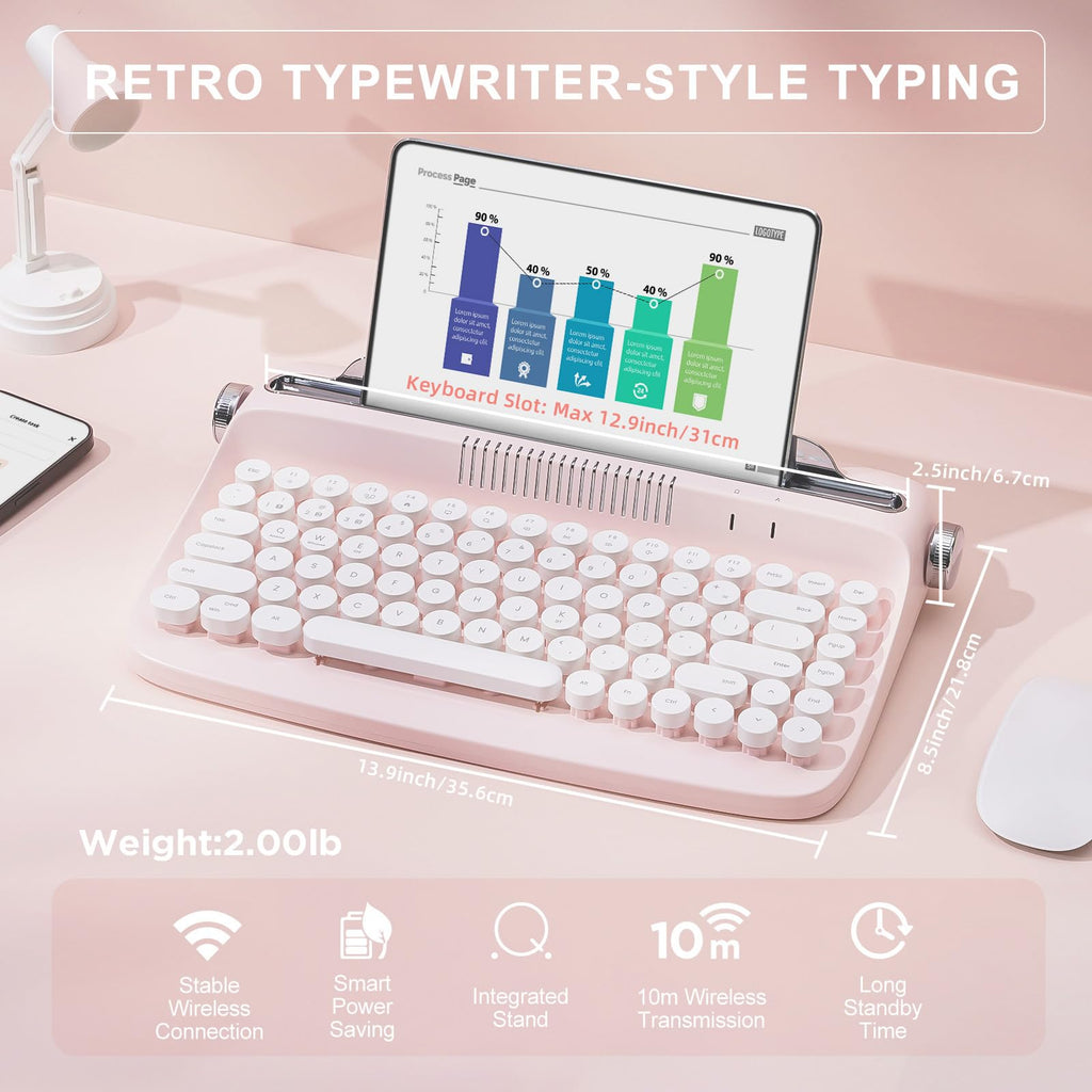 Wireless Retro Typewriter Bluetooth Keyboard Baby Pink D373