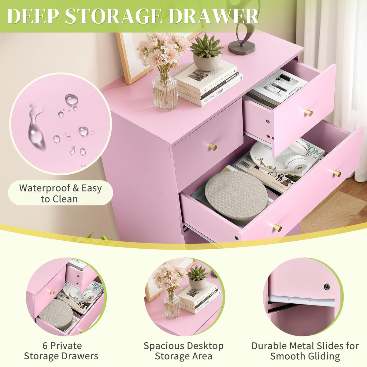 Pink 6 Drawer Dresser V54381