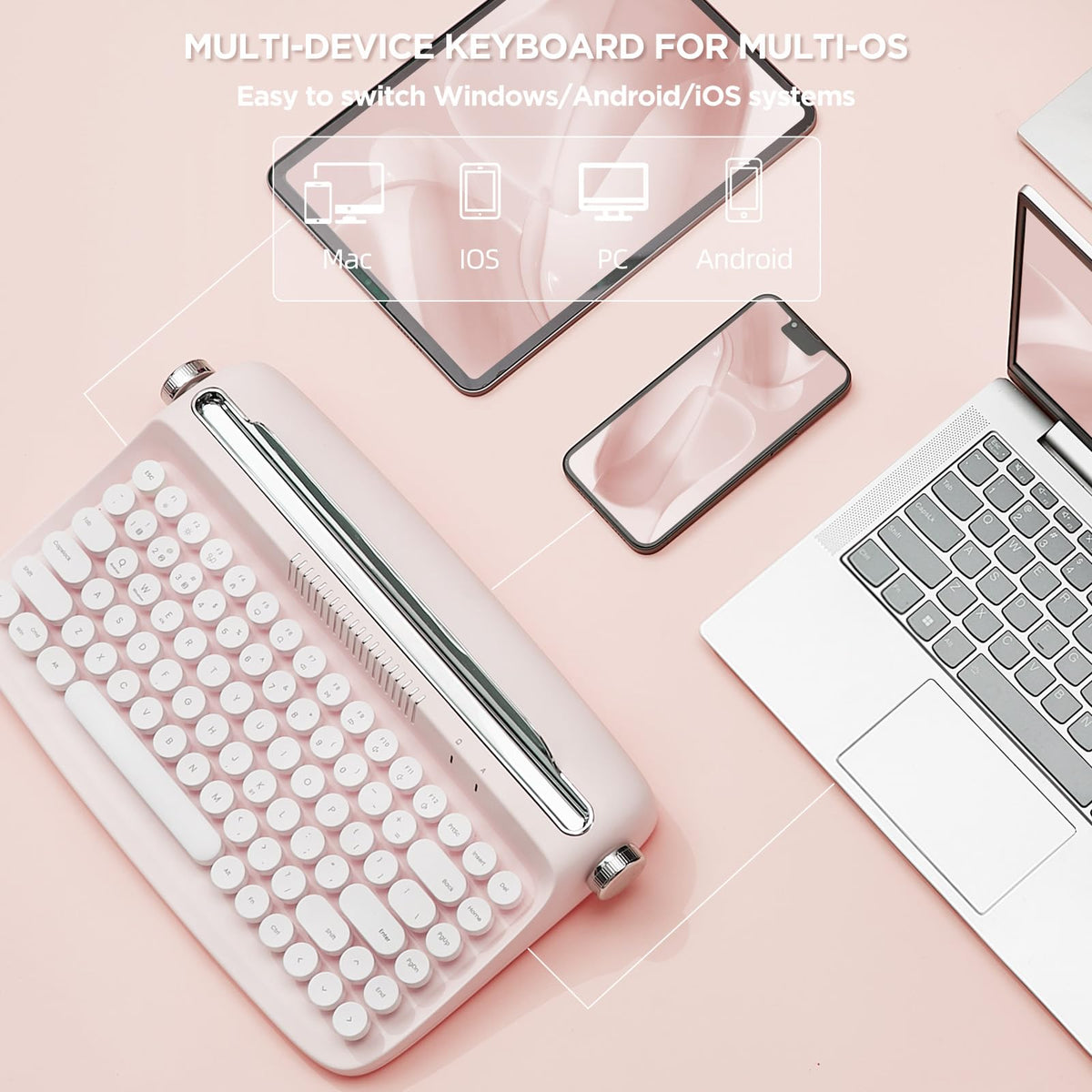 Wireless Retro Typewriter Bluetooth Keyboard Baby Pink D373