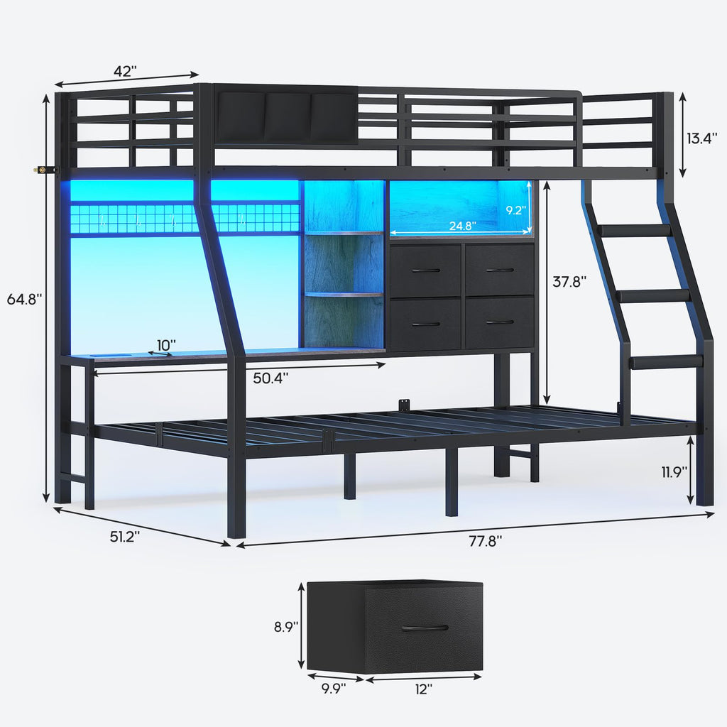Black Twin Over Twin Bunk Bed with Charging Station & LED Lights D601