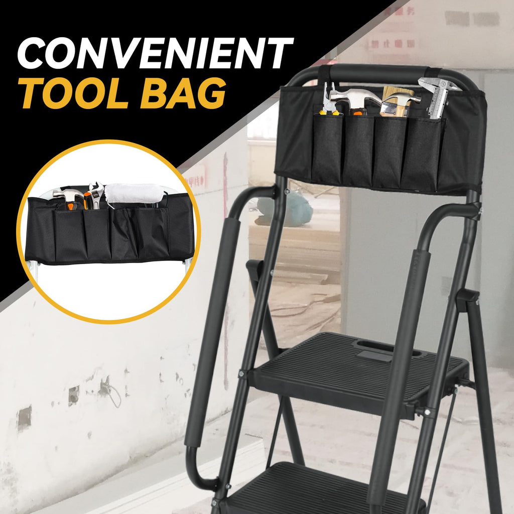 3 Step Folding Ladder with Handrails and Tool Bag, 500 lbs, Black C8333