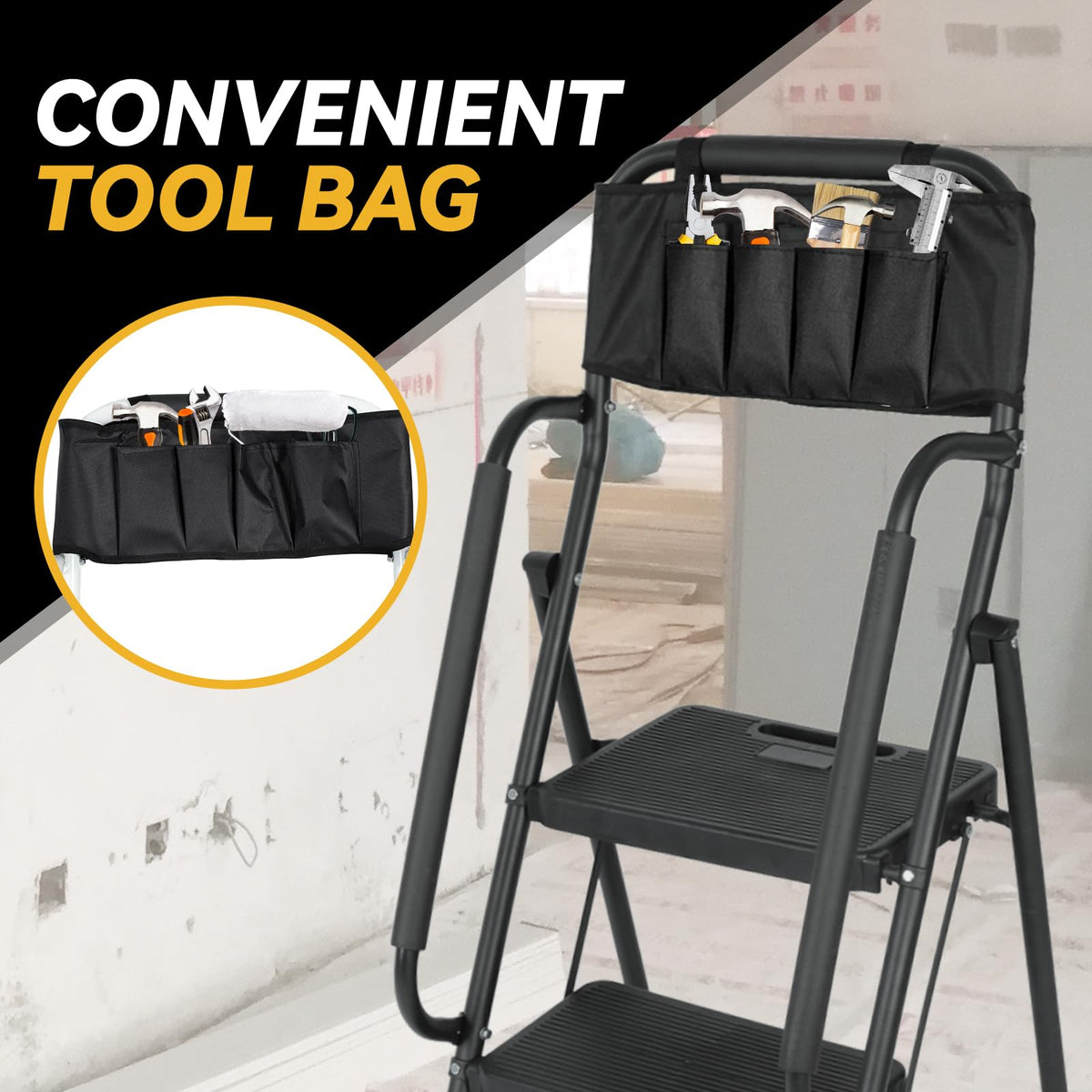 3 Step Folding Ladder with Handrails and Tool Bag, 500 lbs, Black C8333