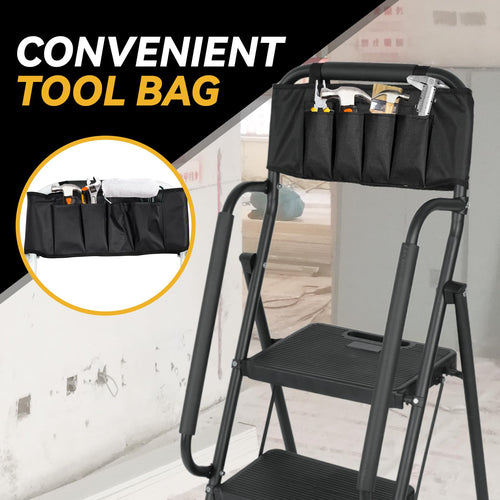 3 Step Folding Ladder with Handrails and Tool Bag, 500 lbs, Black C8333