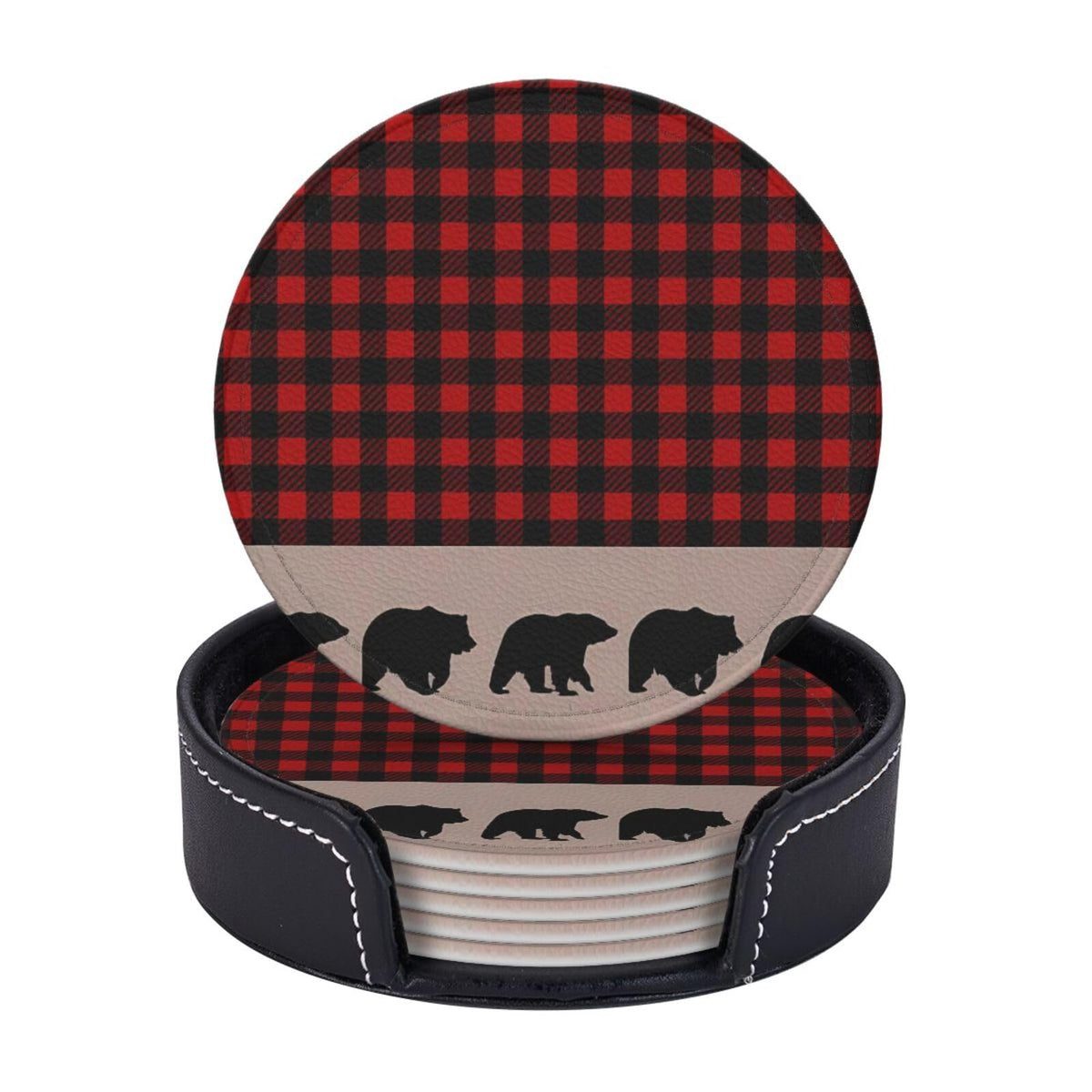 6 Pcs Plaid Leather Coasters with Holder D868909
