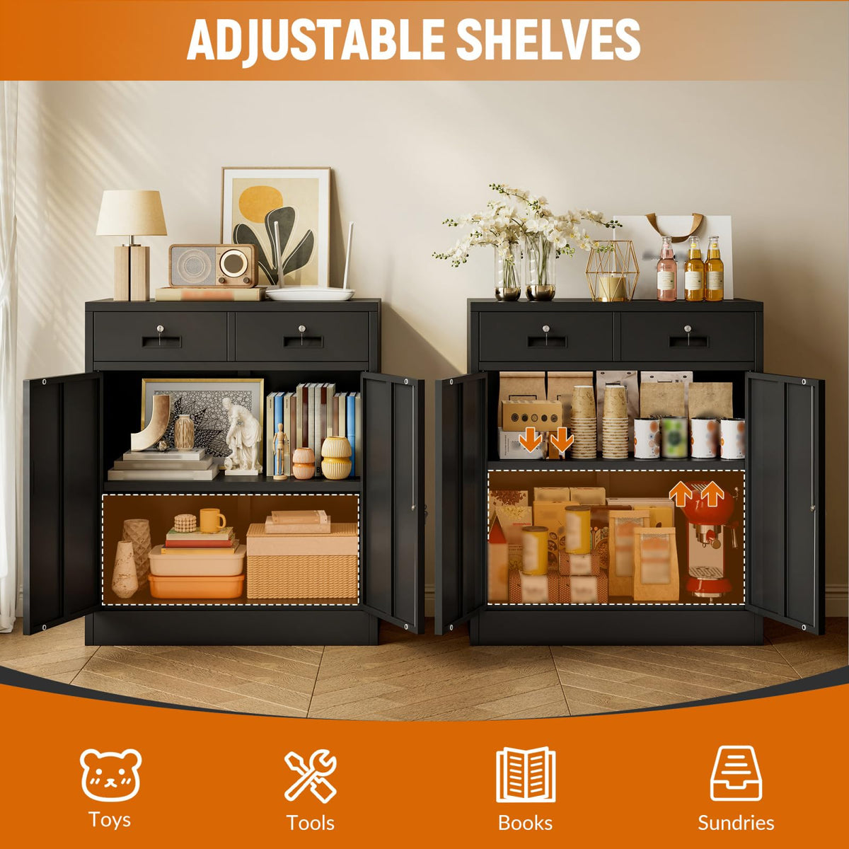 Black Metal Storage Cabinet with 2 Drawers F8410
