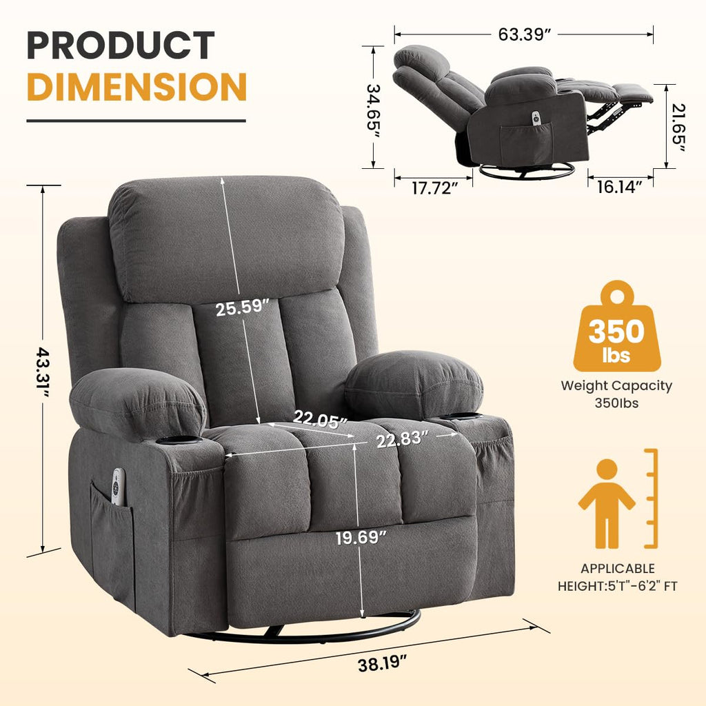 Swivel Rocker Recliner Chair with Vibration Massage & Lumbar Heating X8782