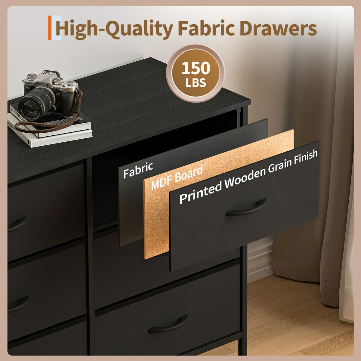 Black 12 Fabric Drawer Dresser with Charging Station Z5299