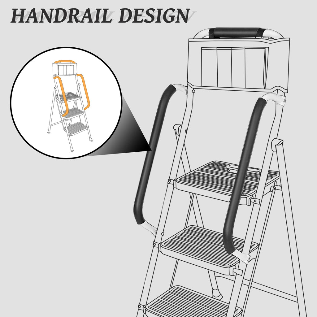 3 Step Folding Ladder with Handrails and Tool Bag, 500 lbs, Black C8333