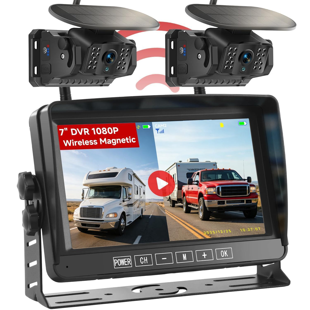 Dual Magnetic Wireless Backup Camera, 7” 1080P HD 4CH DVR Monitor B805