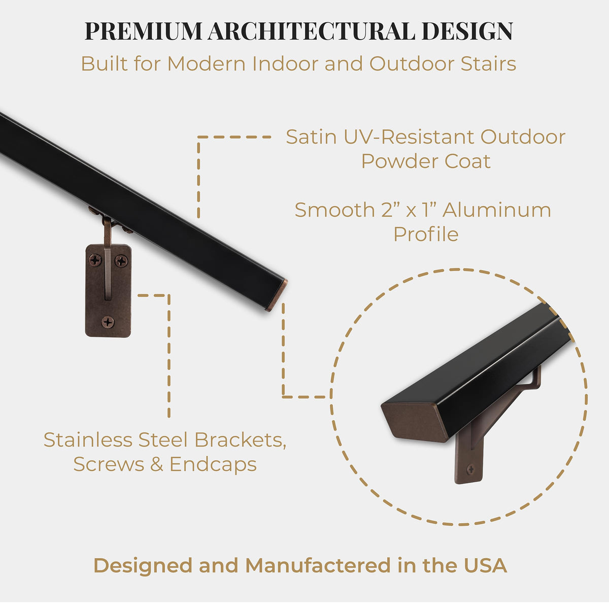 Aluminum Stair Handrail with Stainless Steel Brackets, 6 Feet L6227