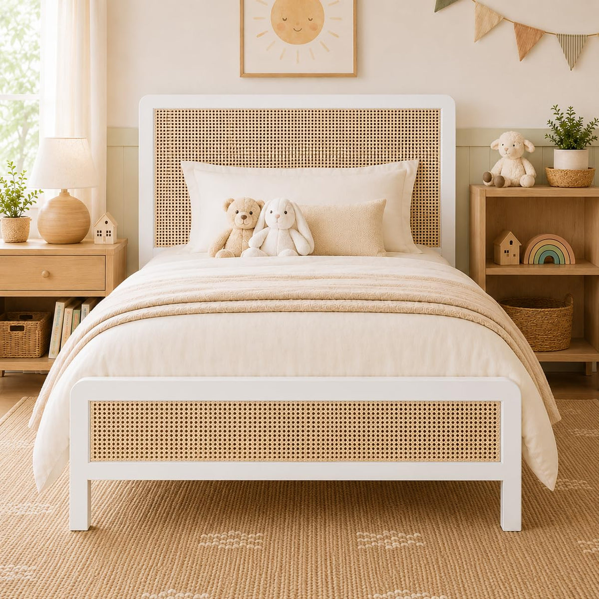 White Rattan Twin Bed Frame with Headboard V934