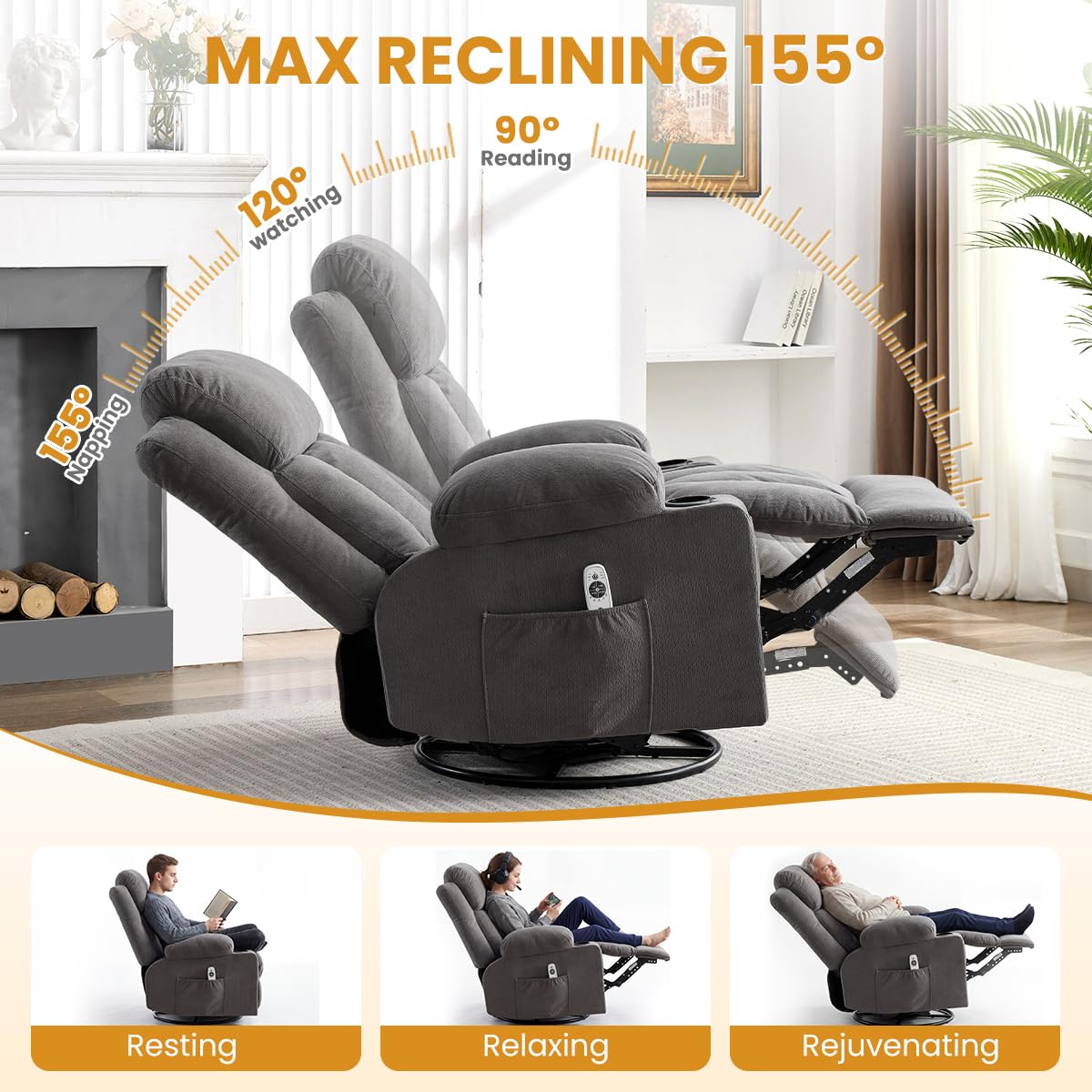 Swivel Rocker Recliner Chair with Vibration Massage & Lumbar Heating X8782