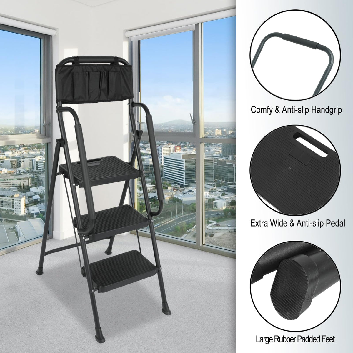 3 Step Folding Ladder with Handrails and Tool Bag, 500 lbs, Black C8333