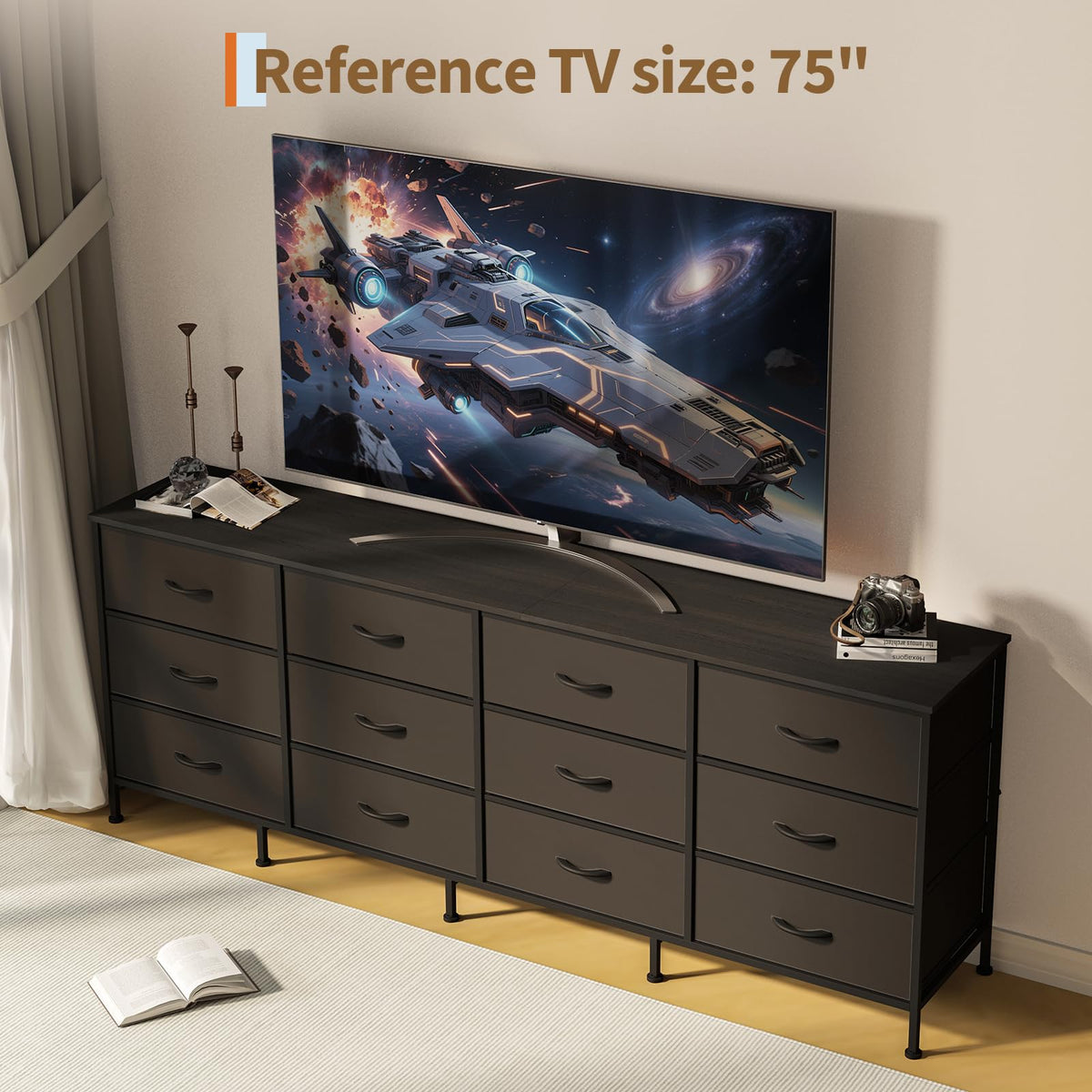 Black 12 Fabric Drawer Dresser with Charging Station Z5299