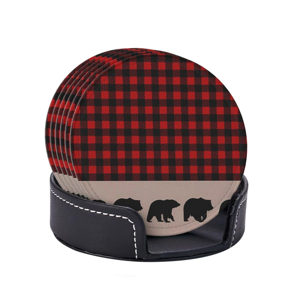 6 Pcs Plaid Leather Coasters with Holder D868909