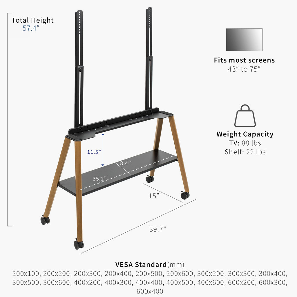 43 to 75 inch Adjustable Mobile TV Stand with Walnut Legs O1843